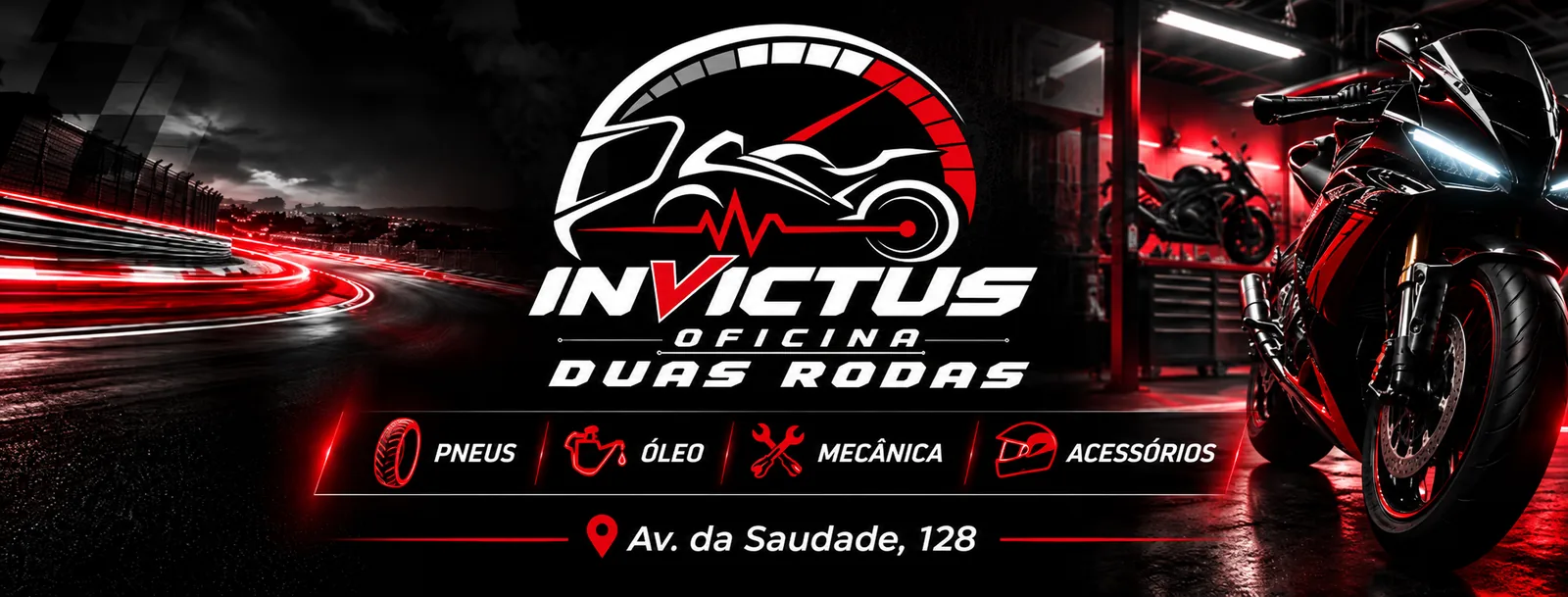 Invictus Oficina Duas Rodas. Pneus, óleo, mecânica e acessórios para motos. Av. da Saudade, 128.